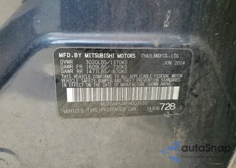 2014 Mitsubishi Mirage Es z USA, uszkodzony, nr VIN ML32A4HJ4FH003930